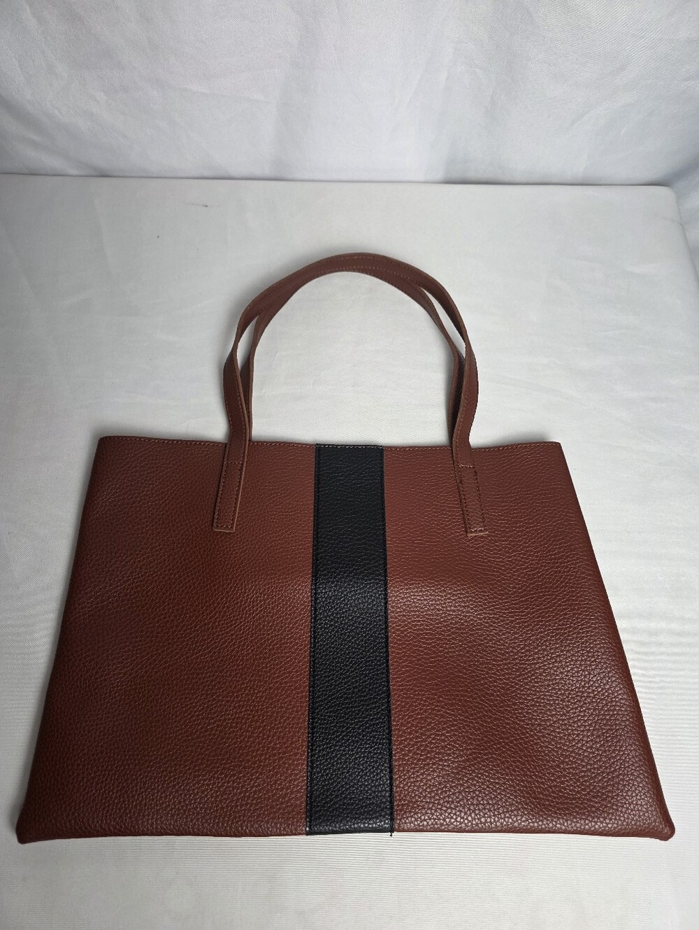 Vince Camuto Brown Pebbled Vegan Leather Tote Bag Black Stripe